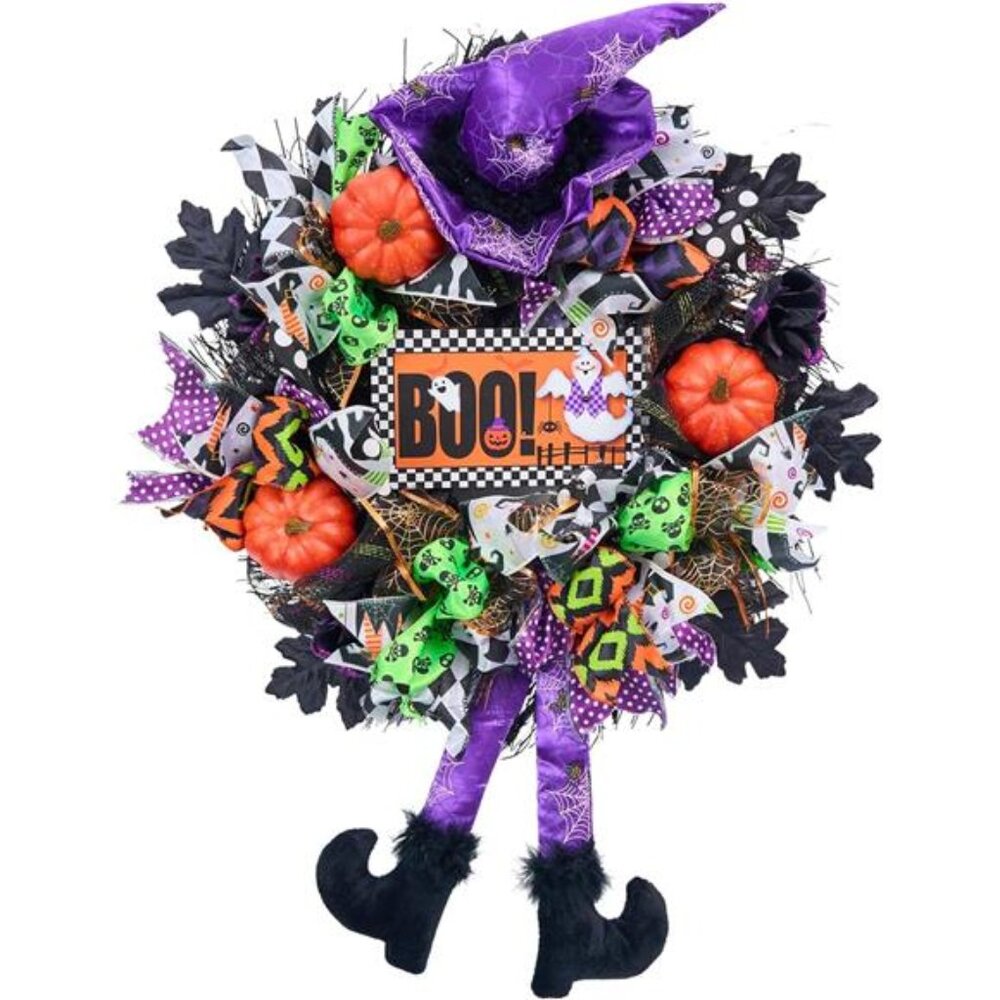 New Wreath for Front Door,20inch mesh Wreath,Pumkin & Witch Wreath with Legs,Fun